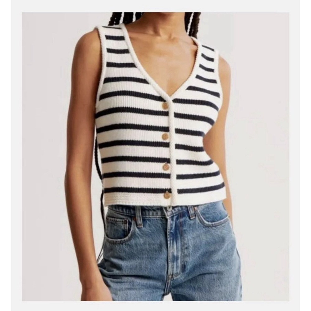 Abercrombie & Fitch Mara Gold Button Up Nautical Stripe Sweater Vest Crop Sz XL
